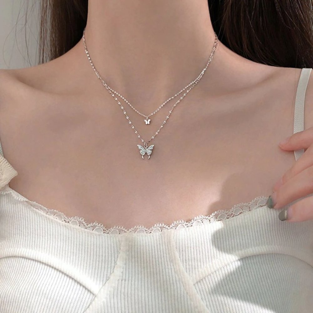 NEW Silver Gold Cute Double Layer Shiny Butterfly Necklace - Picture 2 of 6
